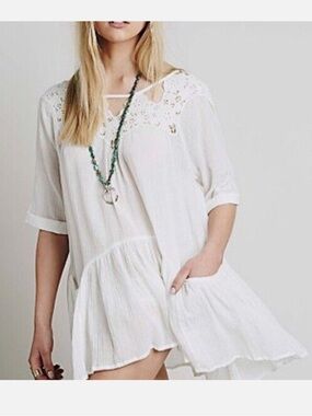 Free People Embroidery Tunic Dress Beach Cover Up Ivory White Size L Sheer